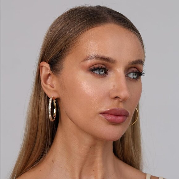 Gold Large Rhinestone Hoop Earrings 40mm for Women, Sterling Silver & Gold Plate - Picture 5 of 8